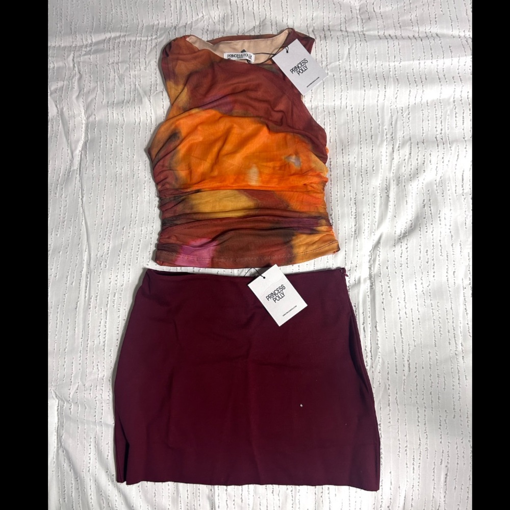 Princess Polly Tie-Dye Orange & Burgundy Ruched Tank with Burgundy Skirt